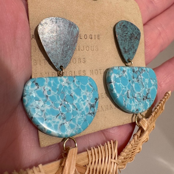 Anthropologie Turquoise and Rattan Statement Earrings - Picture 2 of 6